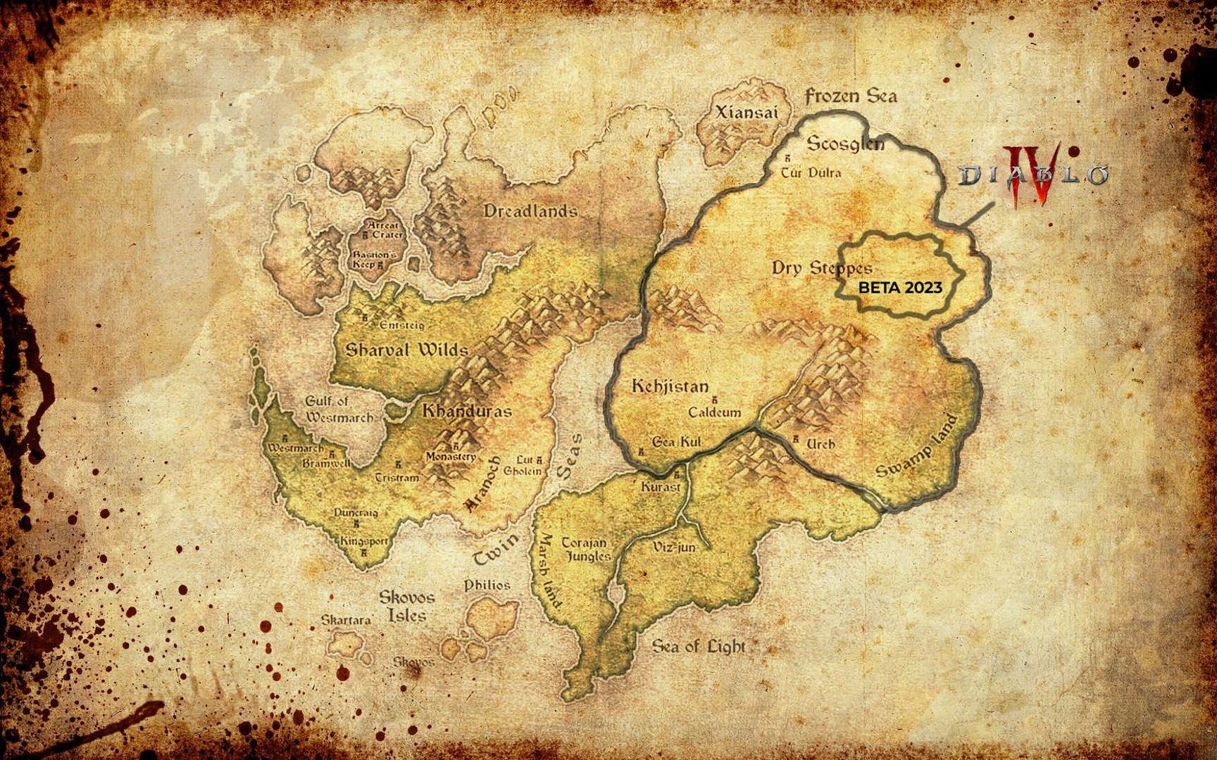The Diablo 4 open world map is HUGE. This map shows the entire world with a beta region highlighted to show true scale